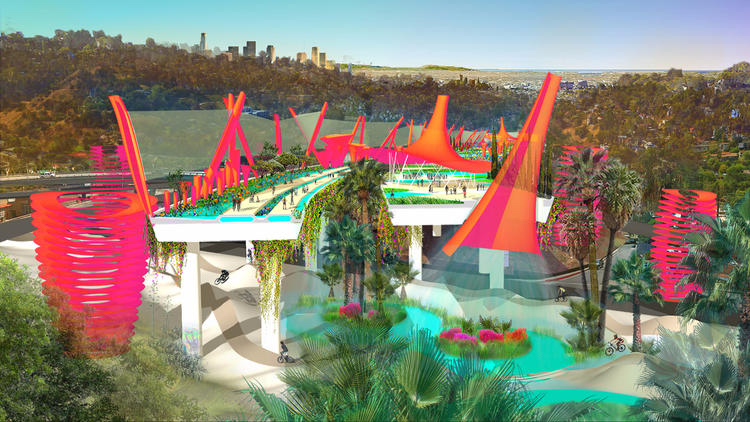 Stoss Landscape Urbanism's proposal for the 2 Freeway spur in Los Angeles includes paths for pedestrians and bicyclists and a rain capture system.