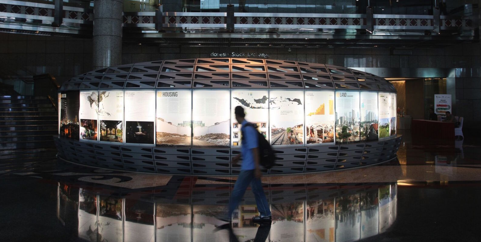 The City Form Lab's exhibition on Indonesia's growth, current on display at the Indonesian Stock Exchange in Jakarta.