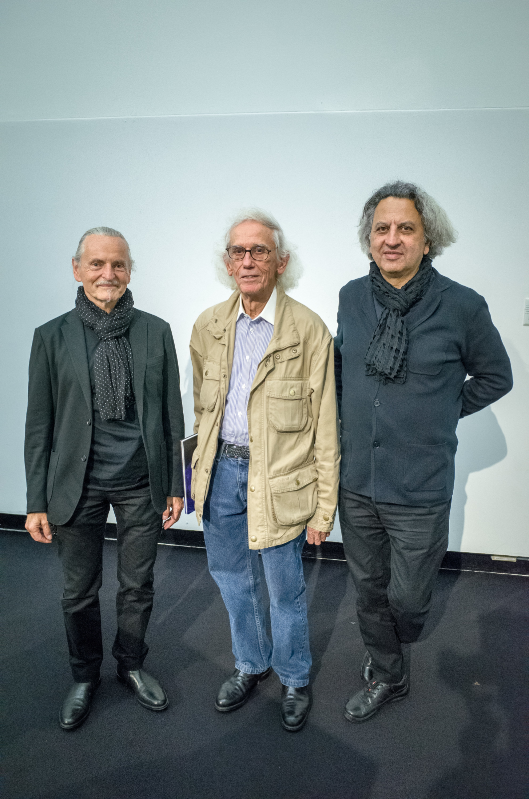 Krzysztof Wodiczko, professor in residence of art, design and the public domain; Christo; and Mohsen Mostafavi, Dean and Alexander and Victoria Wiley Professor of Design, following Christo's lecture at the GSD on October 27, 2016