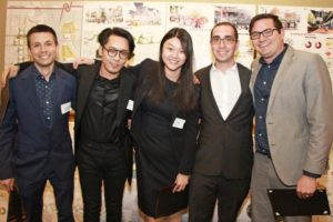 The team behind winning proposal “The Cincy.Stitch," left to right: Matthew Macchietto (MLA '19), with MIT's Zhicheng Xu, Shiqi Peng, Alan Sage, and Joshua Brooks, and with Alex Rose, Jury Chair