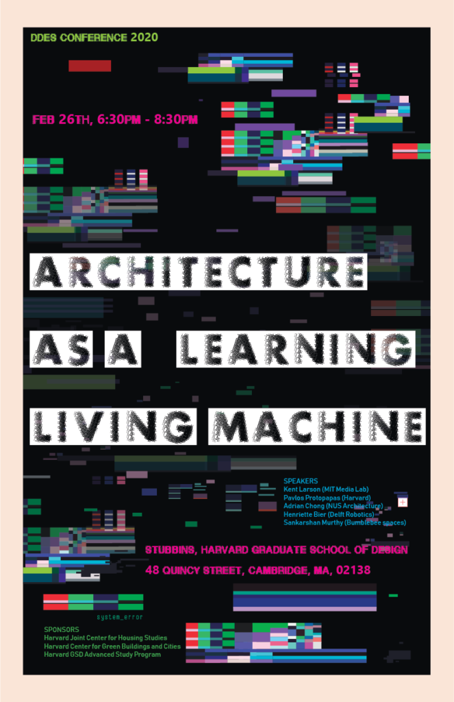 Abstract computer glitch graphics with text: “Architecture as a ‘Learning’ Living Machine”