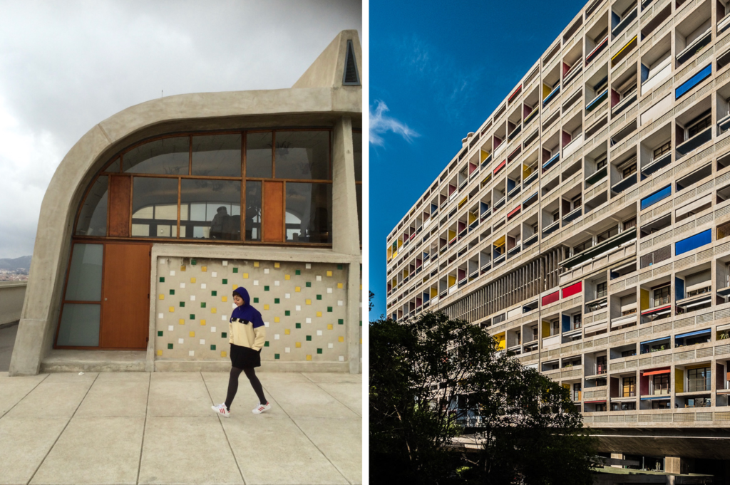 Collage with Jacobé Huet on the roof of Le Corbusier's Unité d'Habitation on the left and an exterior shot of the Unité d'habitation on the right