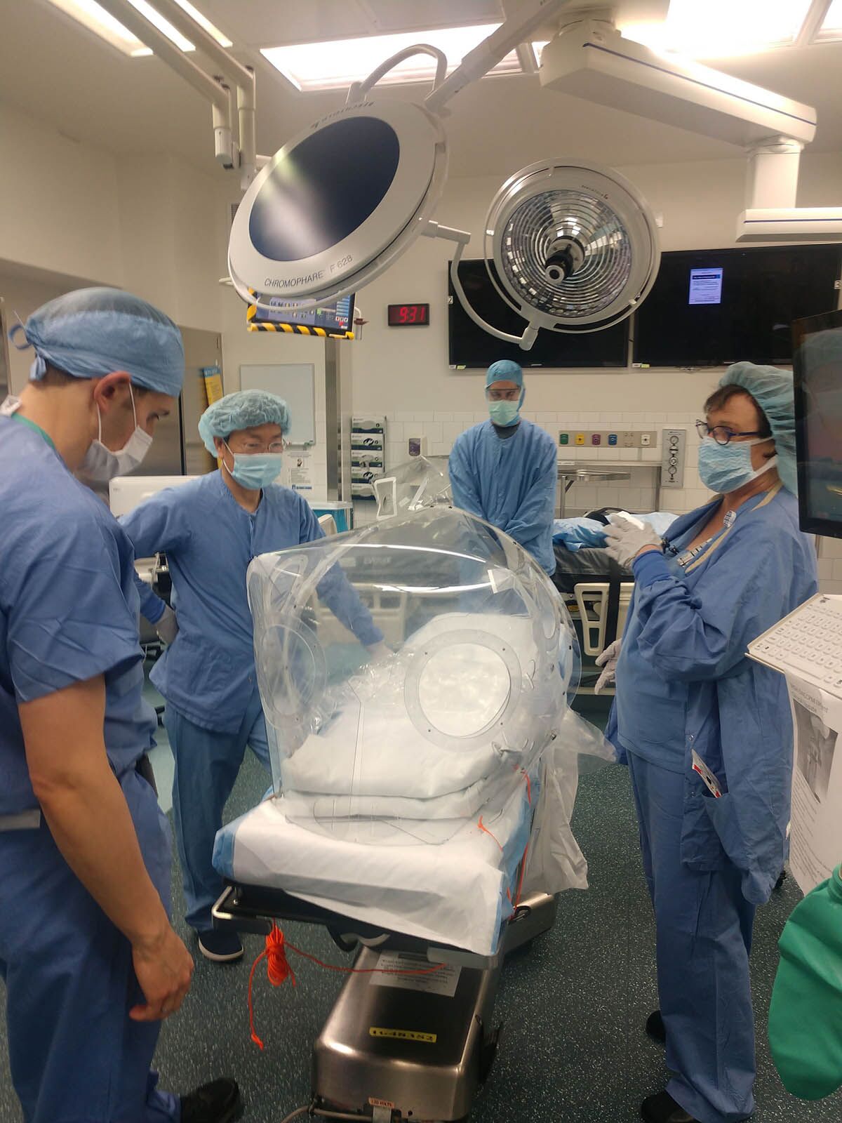 A Harvard-designed patient isolation hood (PIH) prototype being tested at MGH