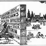A 1908 illustration from the Virginia Health Bulletin shows urban diseases threatening the bucolic conditions of suburban life