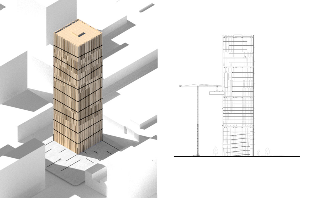 Image of the tower in the city context and the section of the tower, where the CLT panels are loaded inside through the openings in the facade.