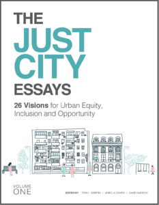 Front cover for "The Just City Essays" volume one which shows a drawing of a cityscape with people walking outside