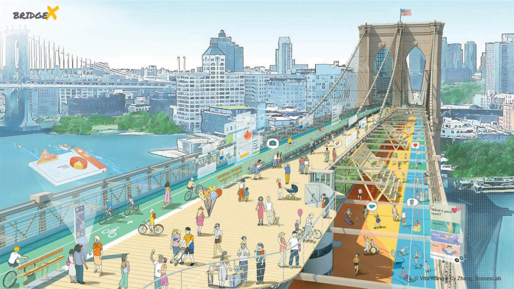 Rendering showing pedestrians on the Brooklyn Bridge from above