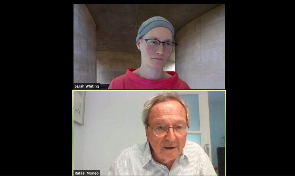 Screenshot of the Zoom window with two people talking to one another. The top screen shows Dean Sarah Whiting, and the bottom screen shows Rafael Moneo.