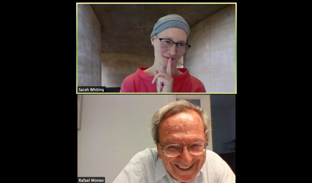 Screenshot of the Zoom window with two people talking to one another. The top screen shows Dean Sarah Whiting, and the bottom screen shows Rafael Moneo.