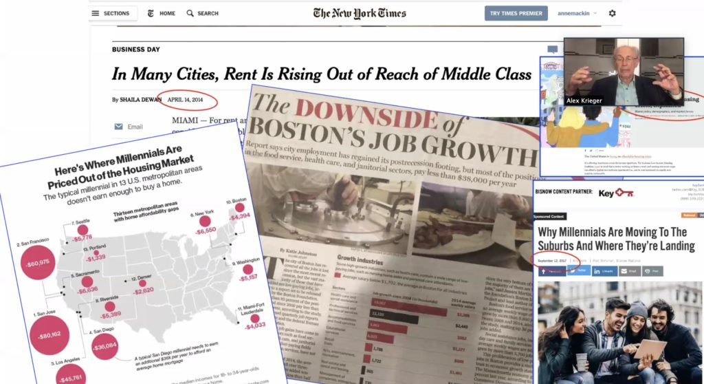Screenshot of presentation on Zoom by Alex Krieger. Krieger appears in a small window in the top right. The presentation shows many headlines indicating rising rent prices.