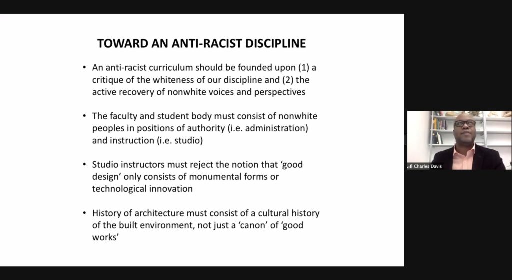 Screenshot of a presentation on Zoom by Charles Davis. Davis is visible on the right side of the screen. The presentation shows a bulleted list titled "Toward an Anti-Racist Discipline."