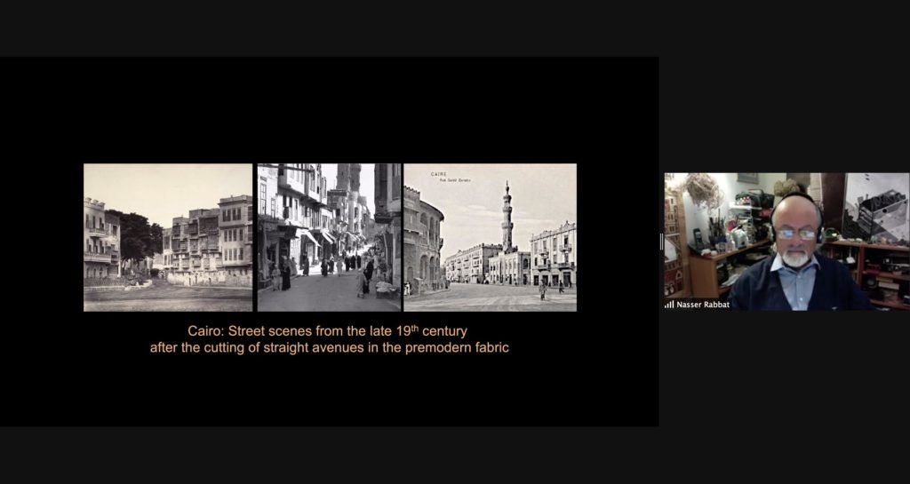 Screenshot of a presentation by Nasser Rabbat on Zoom. Rabbat is visible on the right side of the image. The presentation shows archival images of Cairo, Egypt.