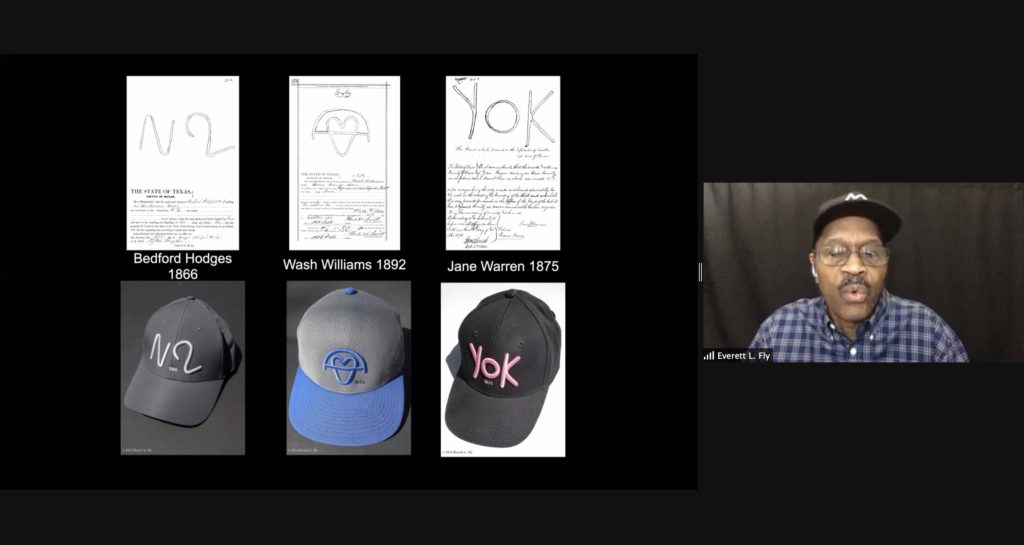 Screenshot of a presentation by Everett Fly on Zoom. Fly is visible on the right side of the image. The presentation shows three hats made by Fly with designs based on brands by Black cattle ranchers.