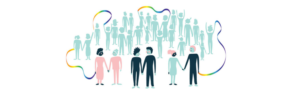 Illustration of a gathering of people holding a rainbow ribbon