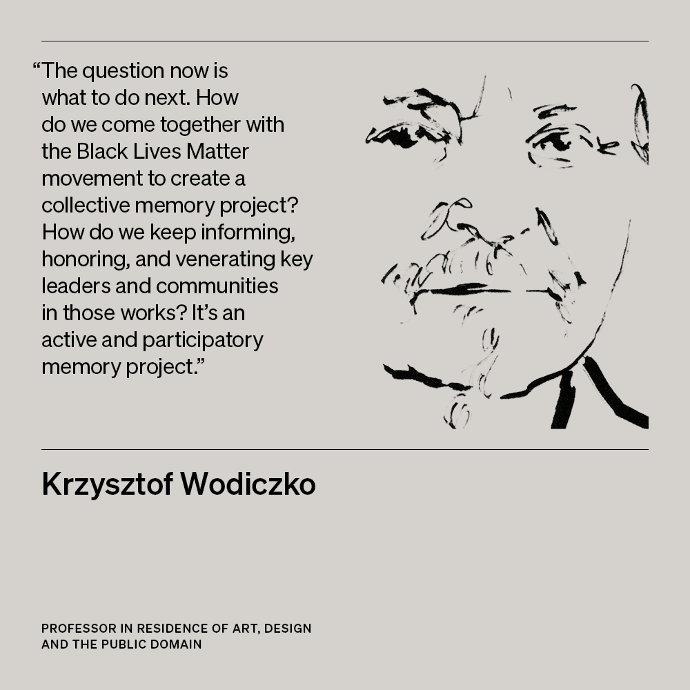 Illustration of Krzysztof Wodiczko, Professor in Residence of Art, Design and the Public Domain, with text 