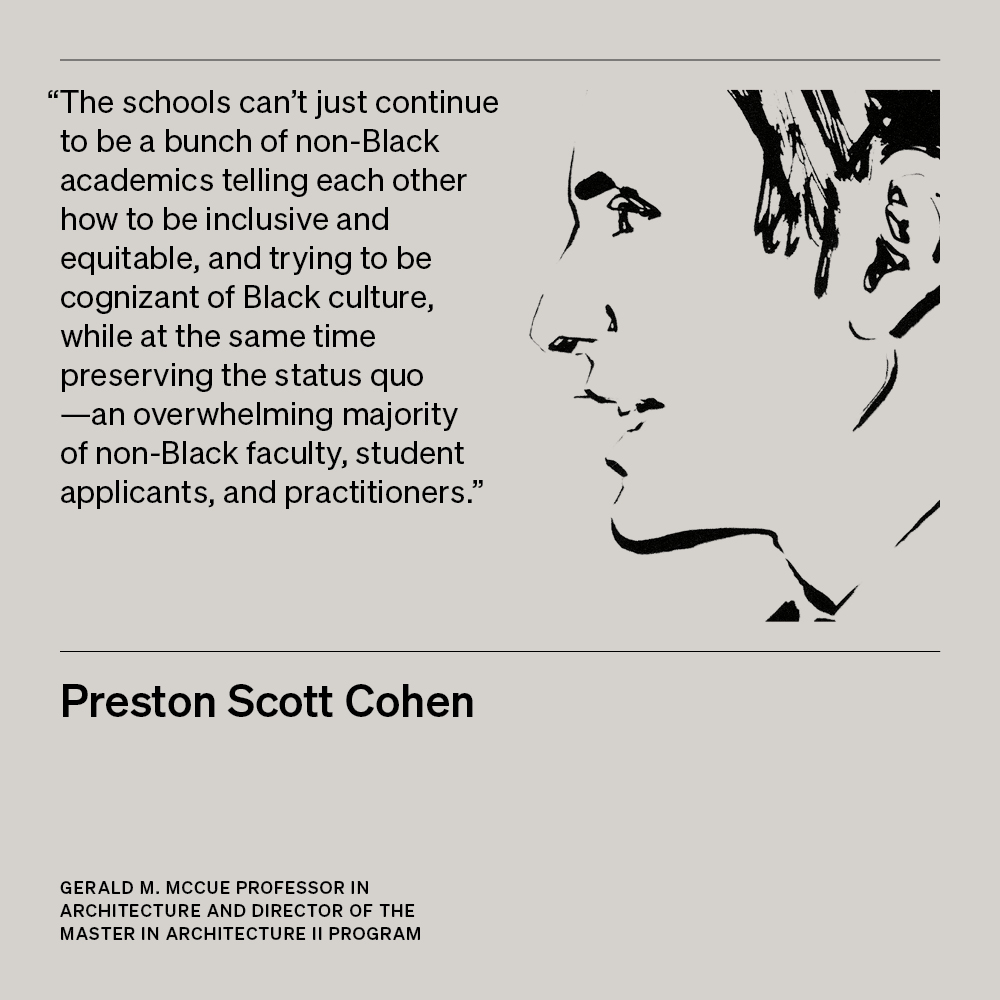 Illustration of Preston Scott Cohen, Gerald M. McCue Professor in Architecture and Director of the Master in Architecture II Program, with text 