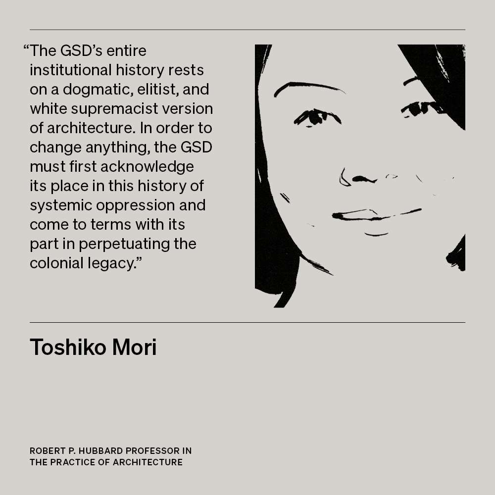 Illustration of Toshiko Mori, Robert P. Hubbard Professor in the Practice of Architecture, with text 