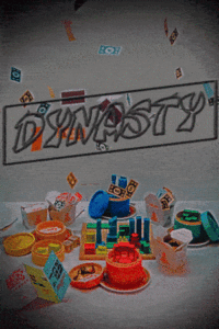 animated gif of neon sign reading "dynasty" with money falling behind sign and board game under sign