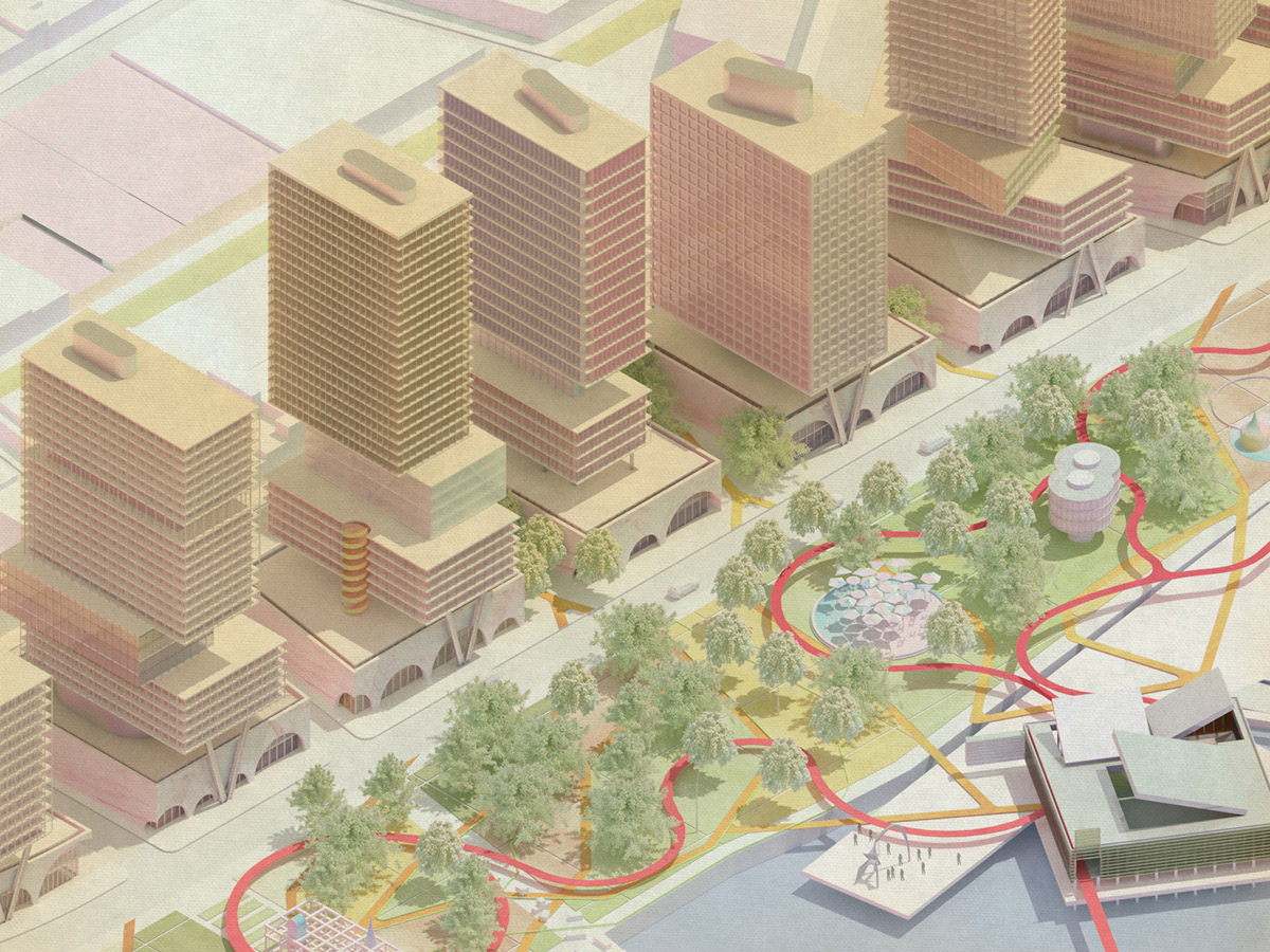 Detailed axonometric view of river park