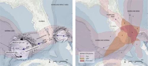 Two maps showing hurricane influence (left) and frequency impact (right) in Mimai-Dade County.