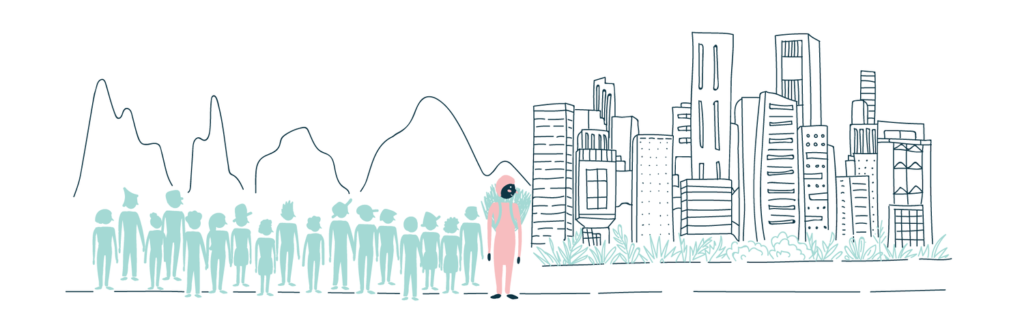Illustration of people between nature and city
