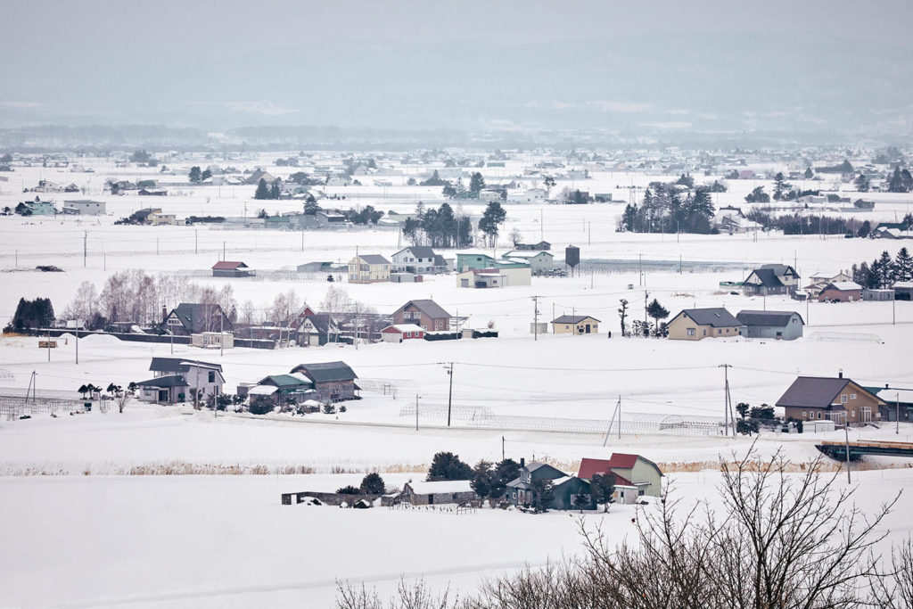 Image of houses scattered along a landscape in winter in the town of Higashikawa