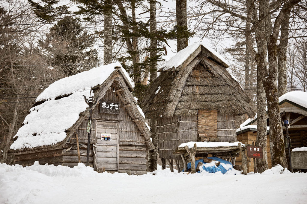 Image of traditional wooden Ainu huts in winter