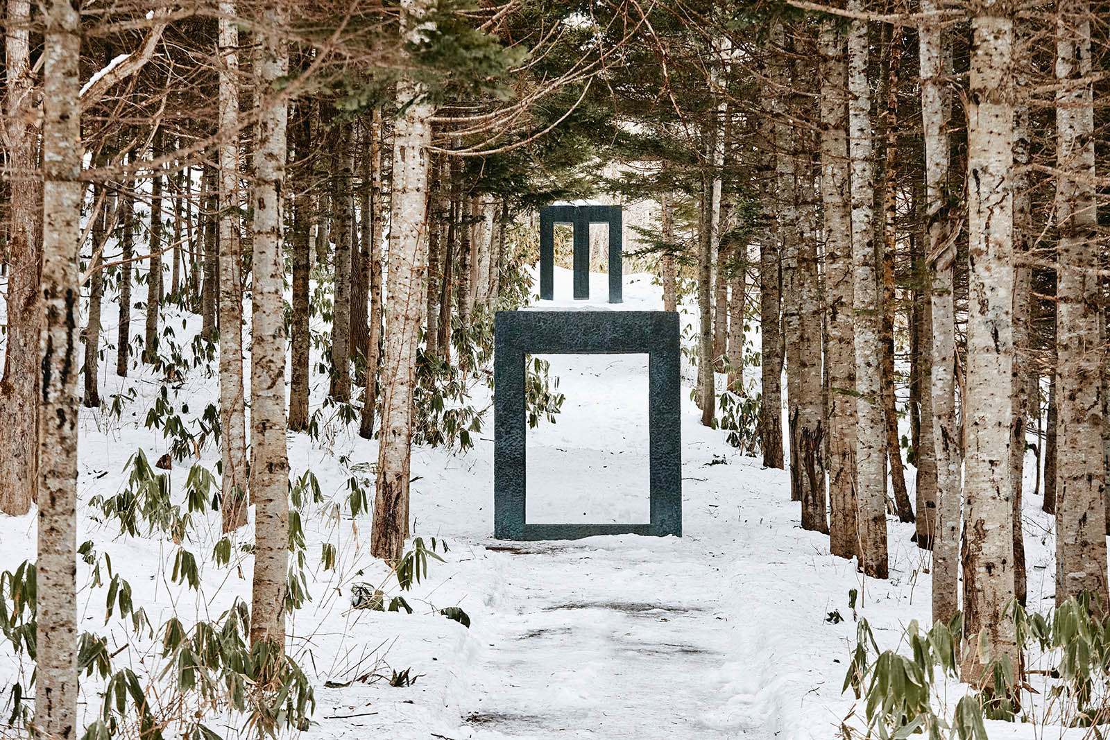 Image into path in first looking at a an art sculpture by Kan Yasuda