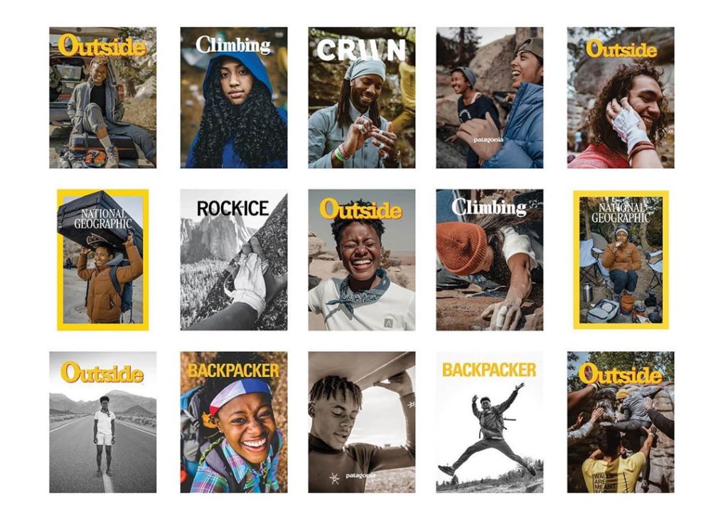 Collage of adventure magazine covers featuring BIPOC cover stars.