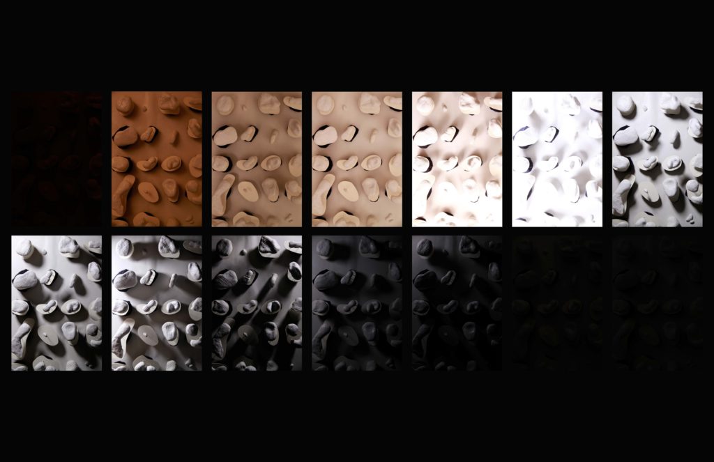 Series of abstract models ranging from copper color to black.