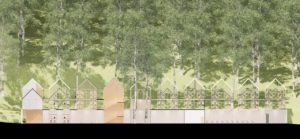 Image rendering the timber architectural project in front of a vibrant forest