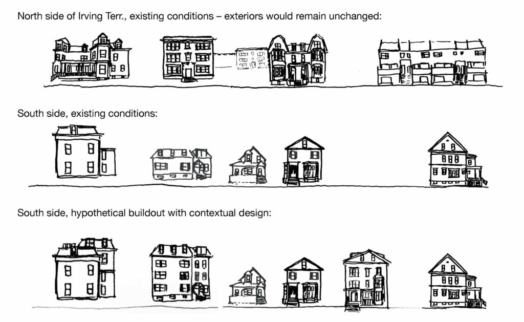 Series of drawings showing housing with existing conditions and hypothetical buildouts.
