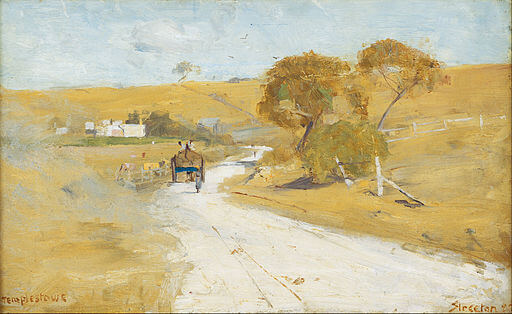 Image of painting on western landscape with horse and rider travelling on a path