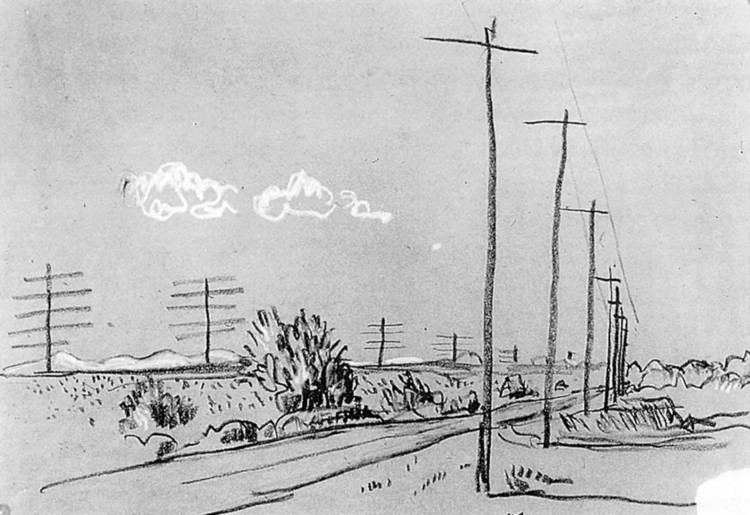 Image of black and white drawing of American rural landscape