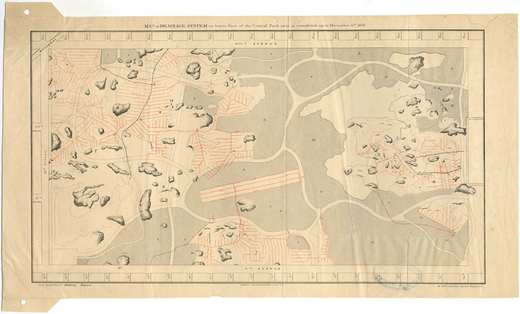 Map of drainage system of Central Park from 1858.