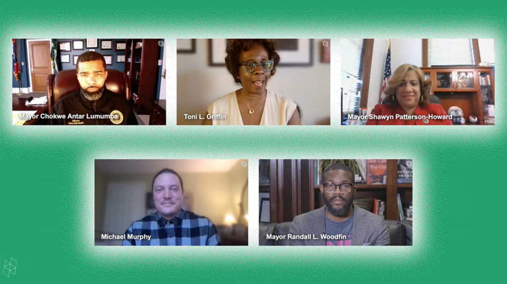 Screenshot from a virtual event. Five separate rectangles show five speakers. They are all surrounded by a green background.