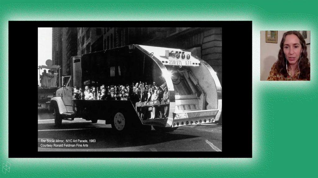 Screenshot from a virtual event. Catherine Seavitt Nordenson appears in a small square on the right. A larger rectangle contains her PowerPoint presentation, which shows a black and white photograph of a garbage truck. Catherine and her PowerPoint are surrounded by a green background.
