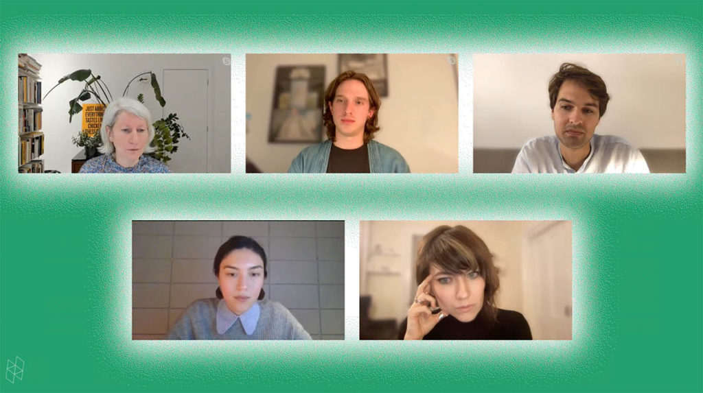 Screenshot from a virtual event. Five rectangles show five different speakers. They are surrounded by a green background.