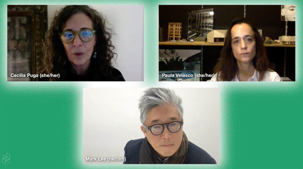 Screenshot from a virtual event. Three rectangles show Cecilia Puga, Paula Velasco, and Mark Lee, and they are all surrounded by a bright green background.