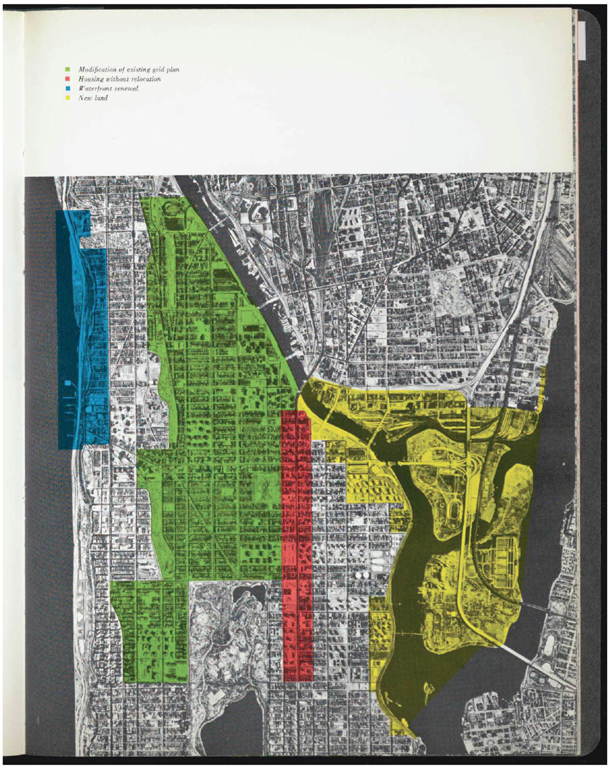 Aerial view of New York City, with sections colored in blue, green, red, and yellow.
