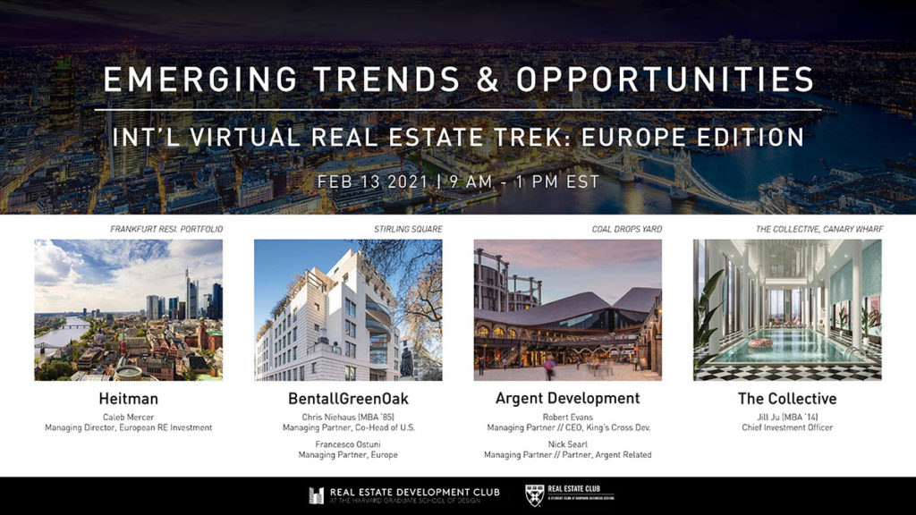 Black and white poster with four images of real estate developments in Europe advertising the event 