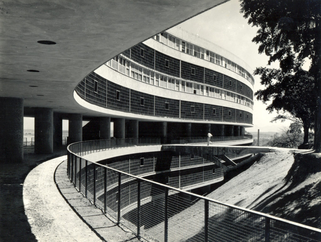 Black and white image of architectural photography showing perspective of the elevation