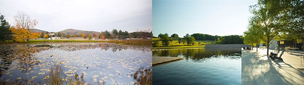 Two stills from the video AUTUMN + SUMMER : The Clark Art Institute. The left still is a scene of a pond in Autumn, surrounded by trees changing color. The right still is an outdoor pool of water with a flat patio that runs up to its edge and green trees in the distance.