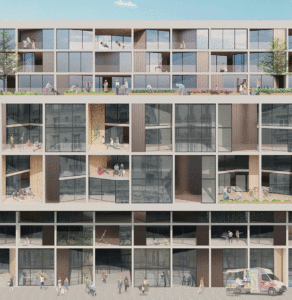 A facade that celebrates individuality and diversity in a residential block. Multiple levels of windows and balconies with people participating in many different daily activities.