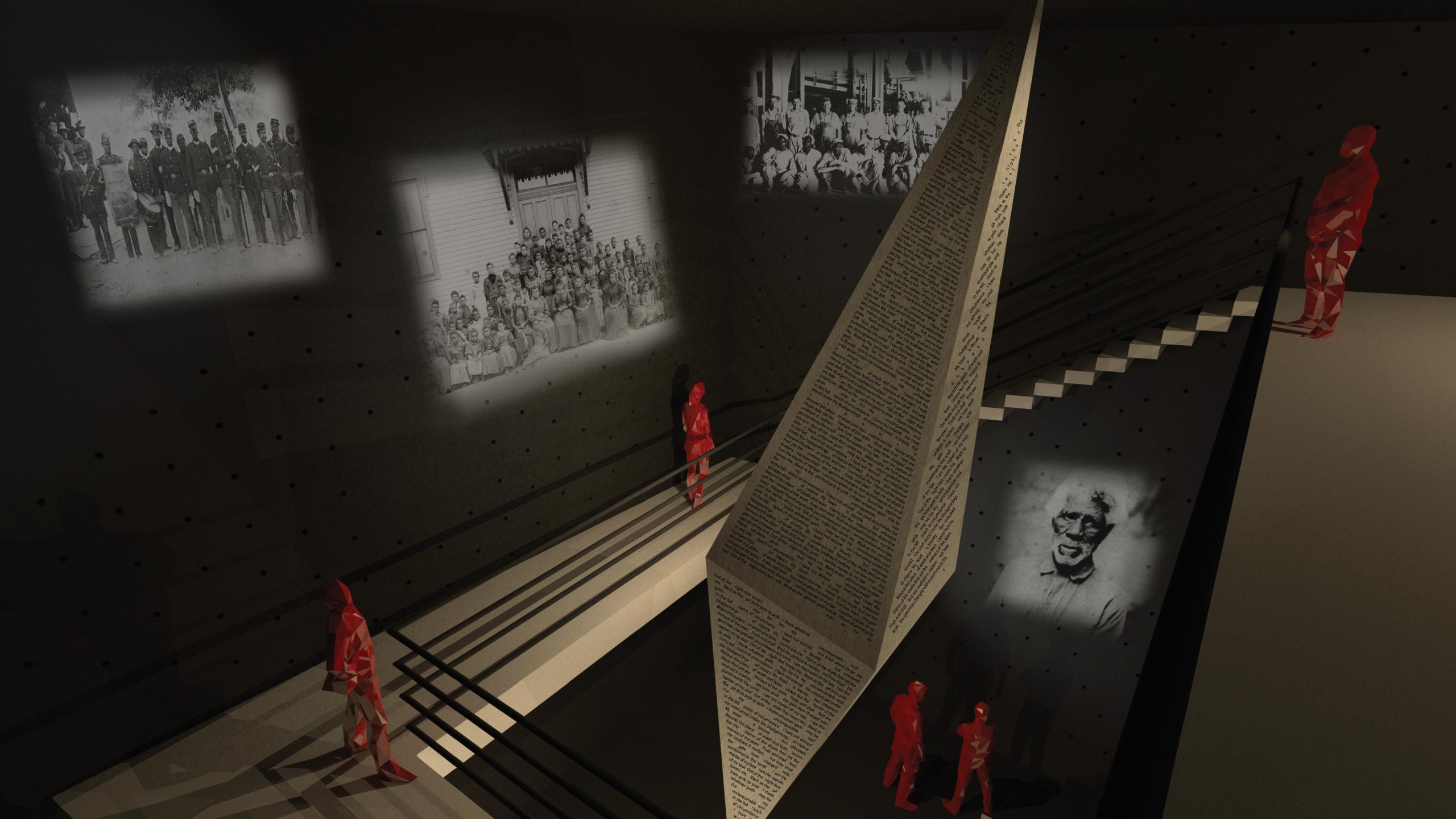 Image of interior rendering showng projections on black wall