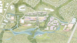 Aerial view of site plan showing a complex of buildings along a waterway surrounded by green space with dense tree growth.
