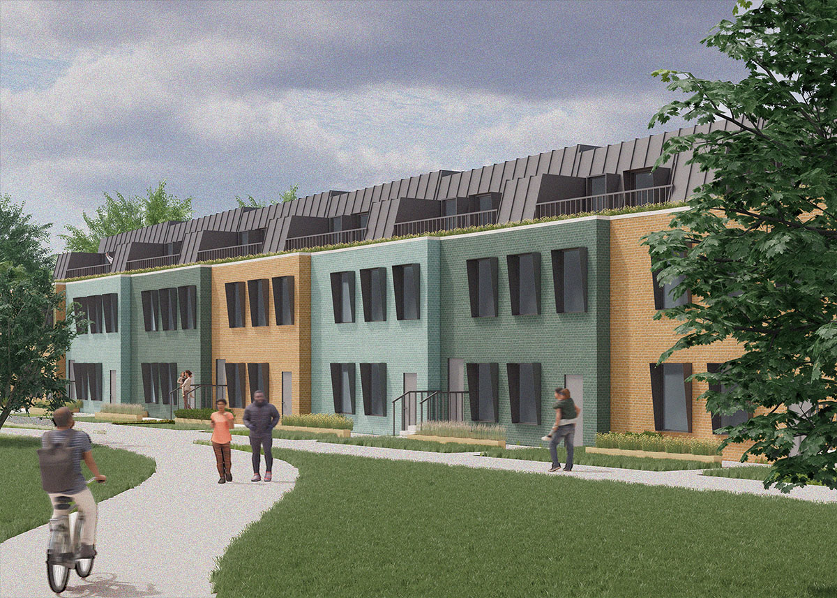 Perspectival image of colored townhouses