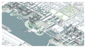 Master Plan Aerial View of an industrial waterfront with proposed green open spaces and buildings along the channel.