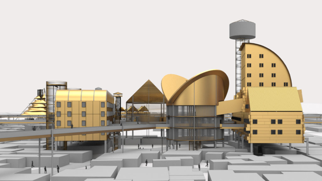 Computer rendering of Kofi's thesis represented as a gold collection of buildings that tower over the monotone and uniform urban fabric.