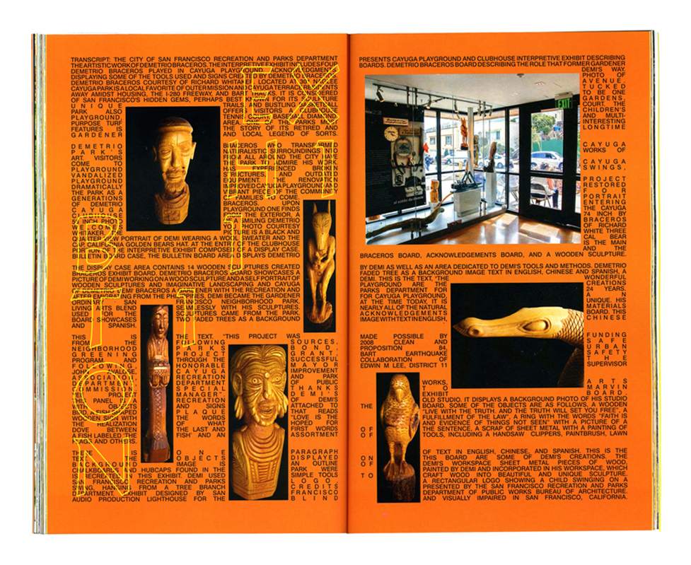 Text with images of wood sculptures and an exhibition space.
